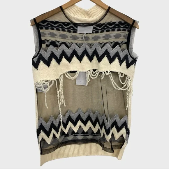 Maison Margiela NWT Ivory Black Zig Zag Mesh Panel Sleeveless Sweater Size 40